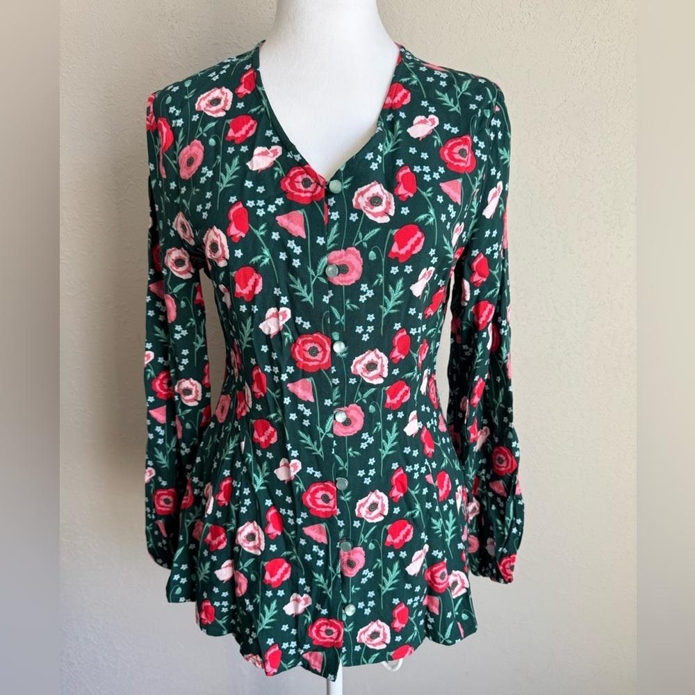 Matilda Jane Green Red Floral Button Down Long Sleeve Blouse Women’s XS Coquette